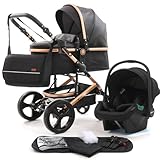 Pixini Kinderwagen Kalani 3in1 Kombikinderwagen, inkl. Babywanne & Buggy & Auto-Babyschale & Wickeltasche/Cupholder/Regenschutz (gold/schwarz)