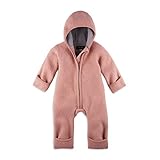 Halfen Walkanzug Baby (100% Made in Germany) - Walk Baby Overall, Babyoverall aus Walkwolle (Bio Natur Schurwolle), Walkoverall mit Kapuze, Farbe: Blush,50/56