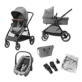 Maxi-Cosi Zelia S Trio Kinderwagen 3 in 1 Komplettset, 0-4 Jahre, bis 22 kg, Zusammenklappbar, Kompakt, Verstellbarer Baby Kinderwagen, mit CabrioFix S i-Size Babyschale, Zubehör, Wickeltasche, Grau